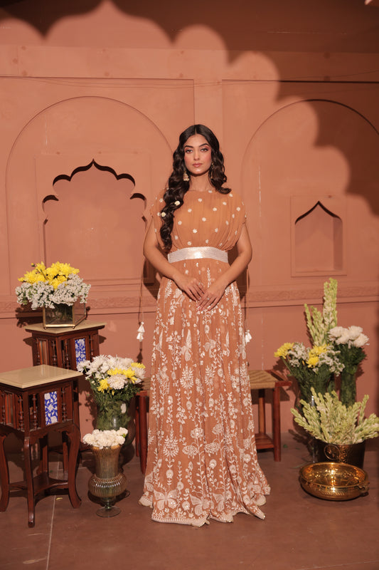 Mocha Floral Embroidered Georgette Anarkali