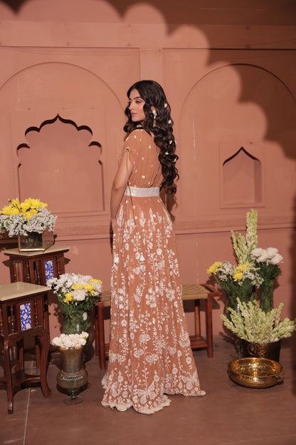 Mocha Floral Embroidered Georgette Anarkali