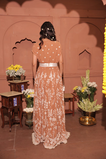 Mocha Floral Embroidered Georgette Anarkali
