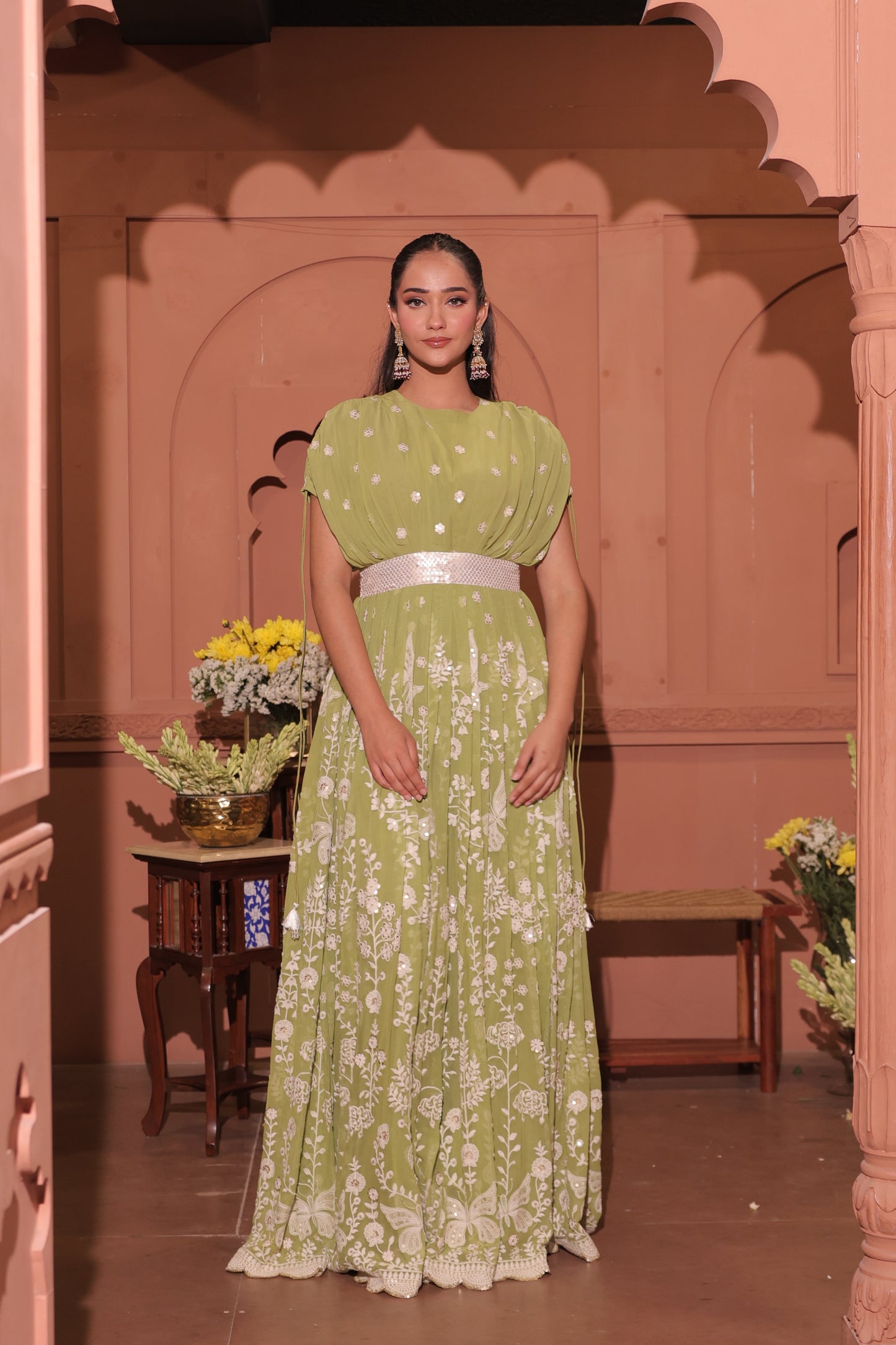 Pista Green Floral Embroidered Georgette Anarkali
