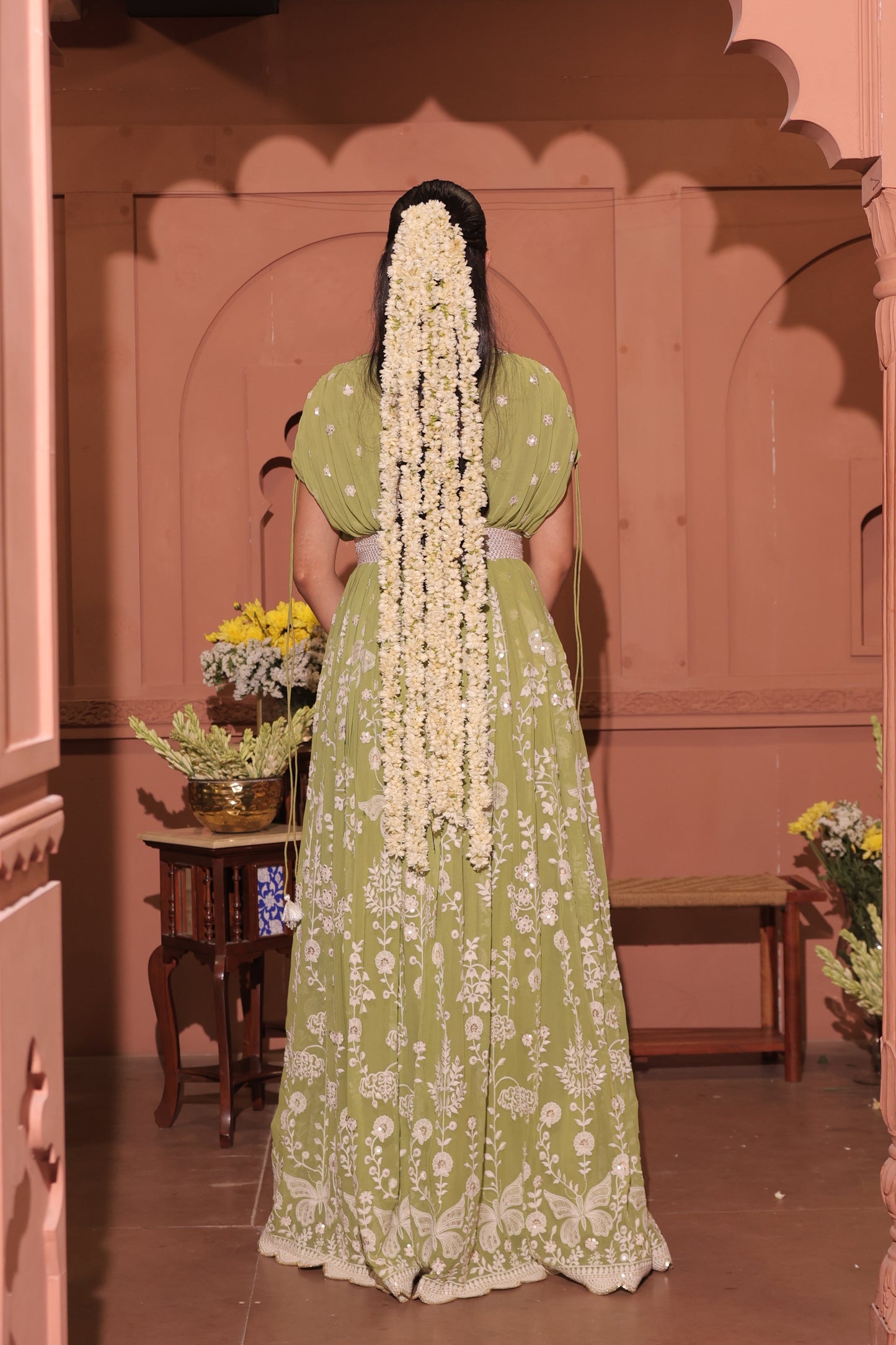 Pista Green Floral Embroidered Georgette Anarkali
