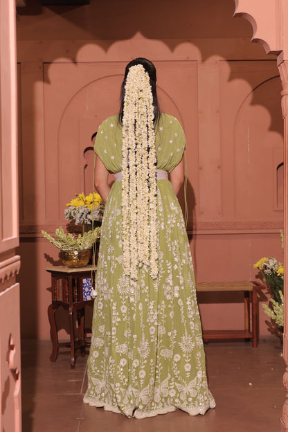Pista Green Floral Embroidered Georgette Anarkali