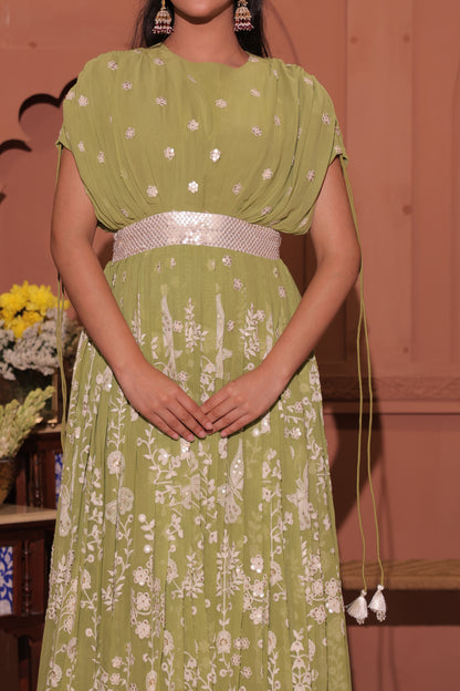 Pista Green Floral Embroidered Georgette Anarkali