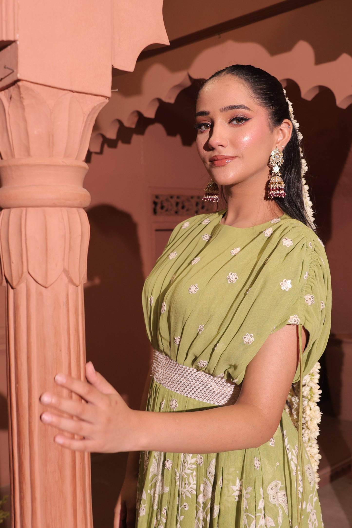 Pista Green Floral Embroidered Georgette Anarkali
