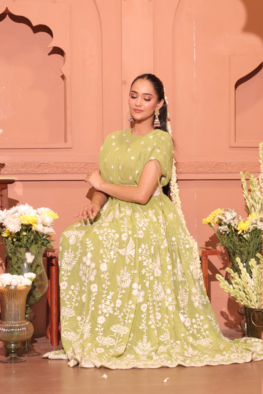 Pista Green Floral Embroidered Georgette Anarkali