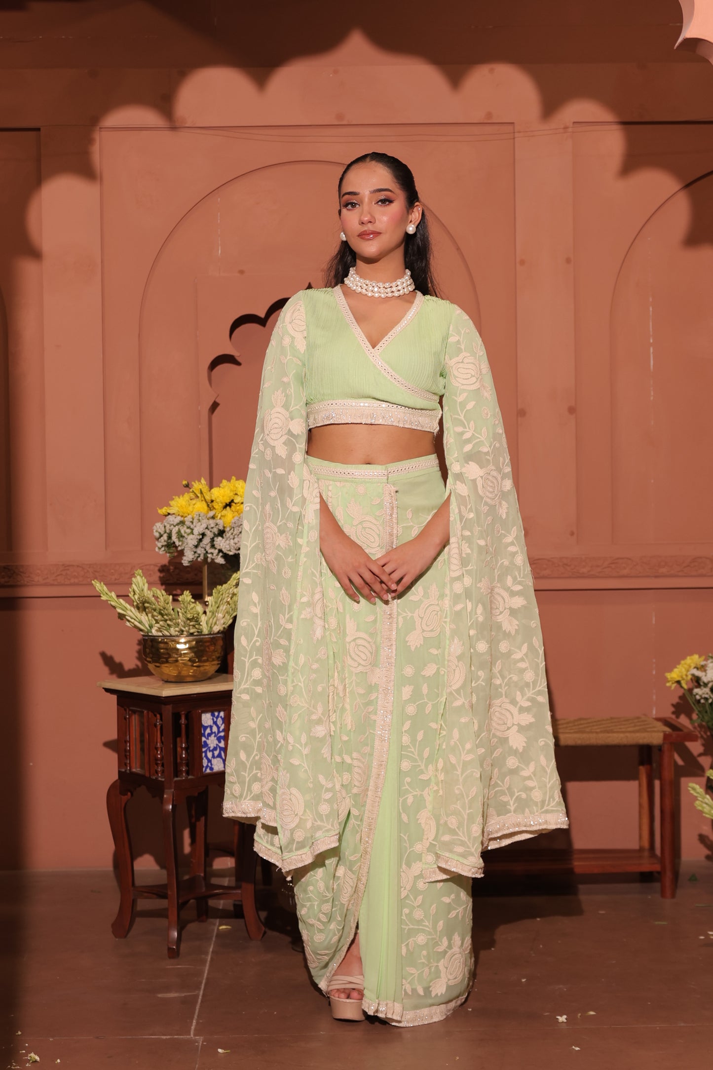 Embroidered Pleated Top with Drape Skirt