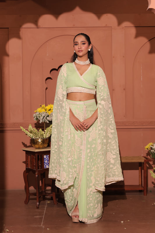 Embroidered Pleated Top with Drape Skirt