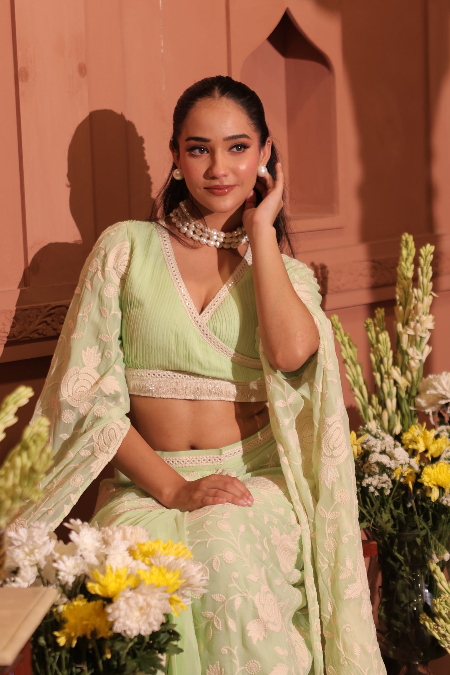 Embroidered Pleated Top with Drape Skirt