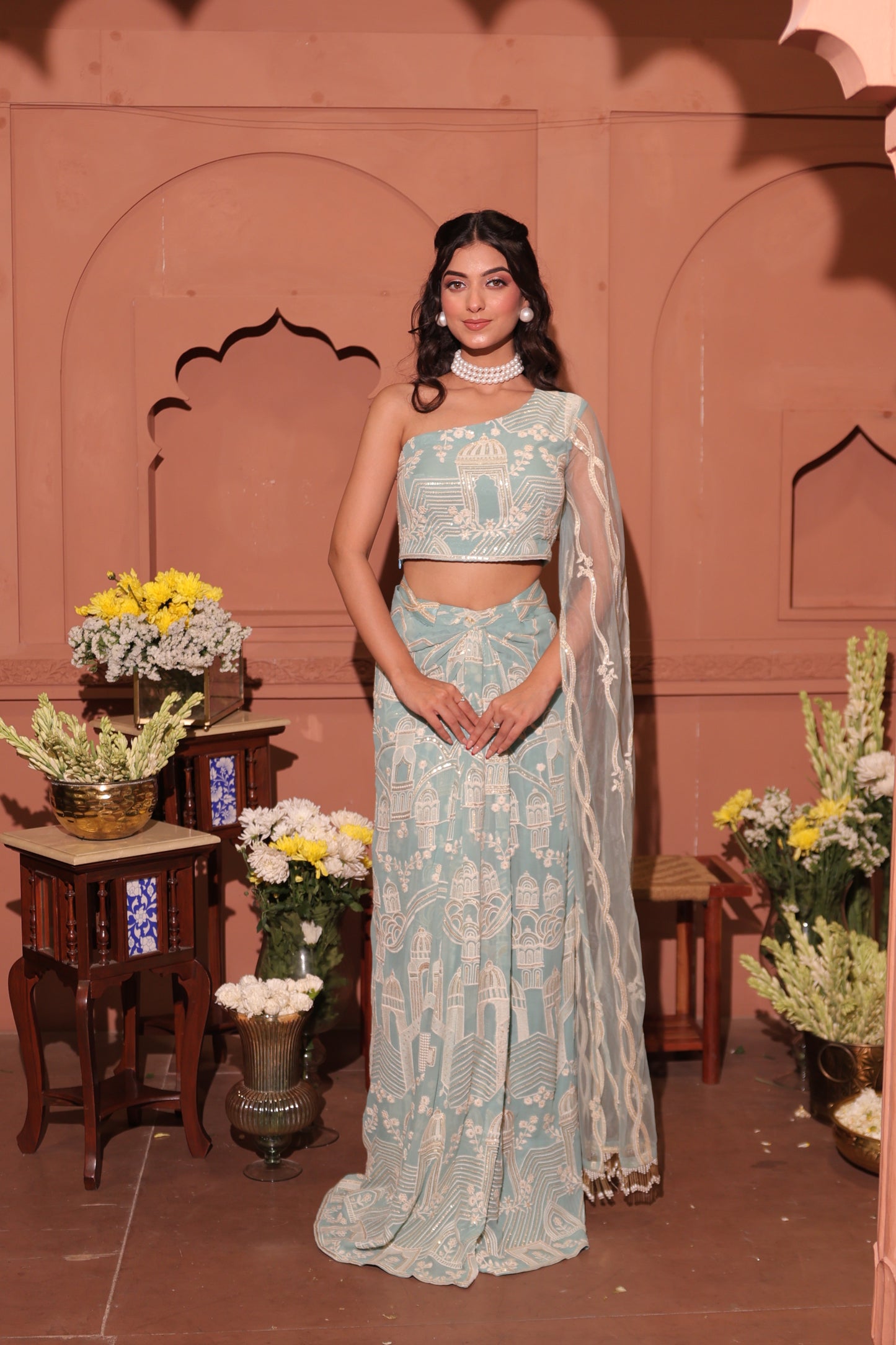 Aqua Architectural Embroidered Drape Saree Set