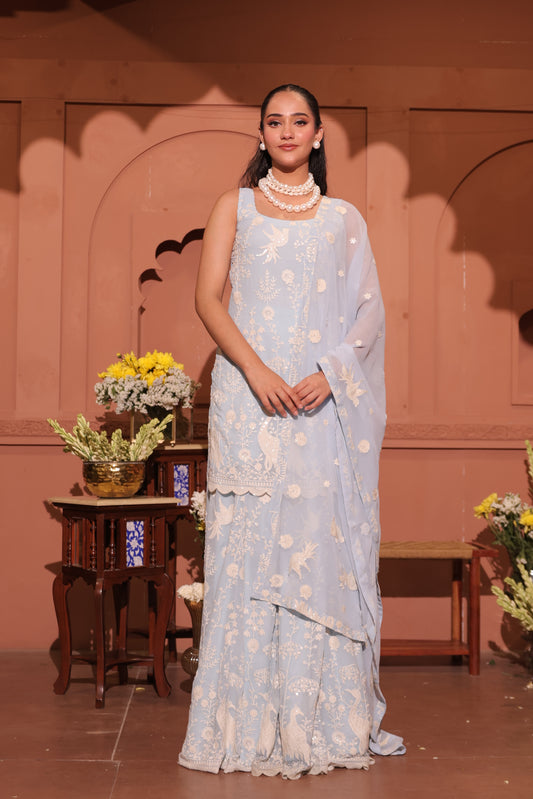 Powder Blue Peacock Embroidered Sharara Set