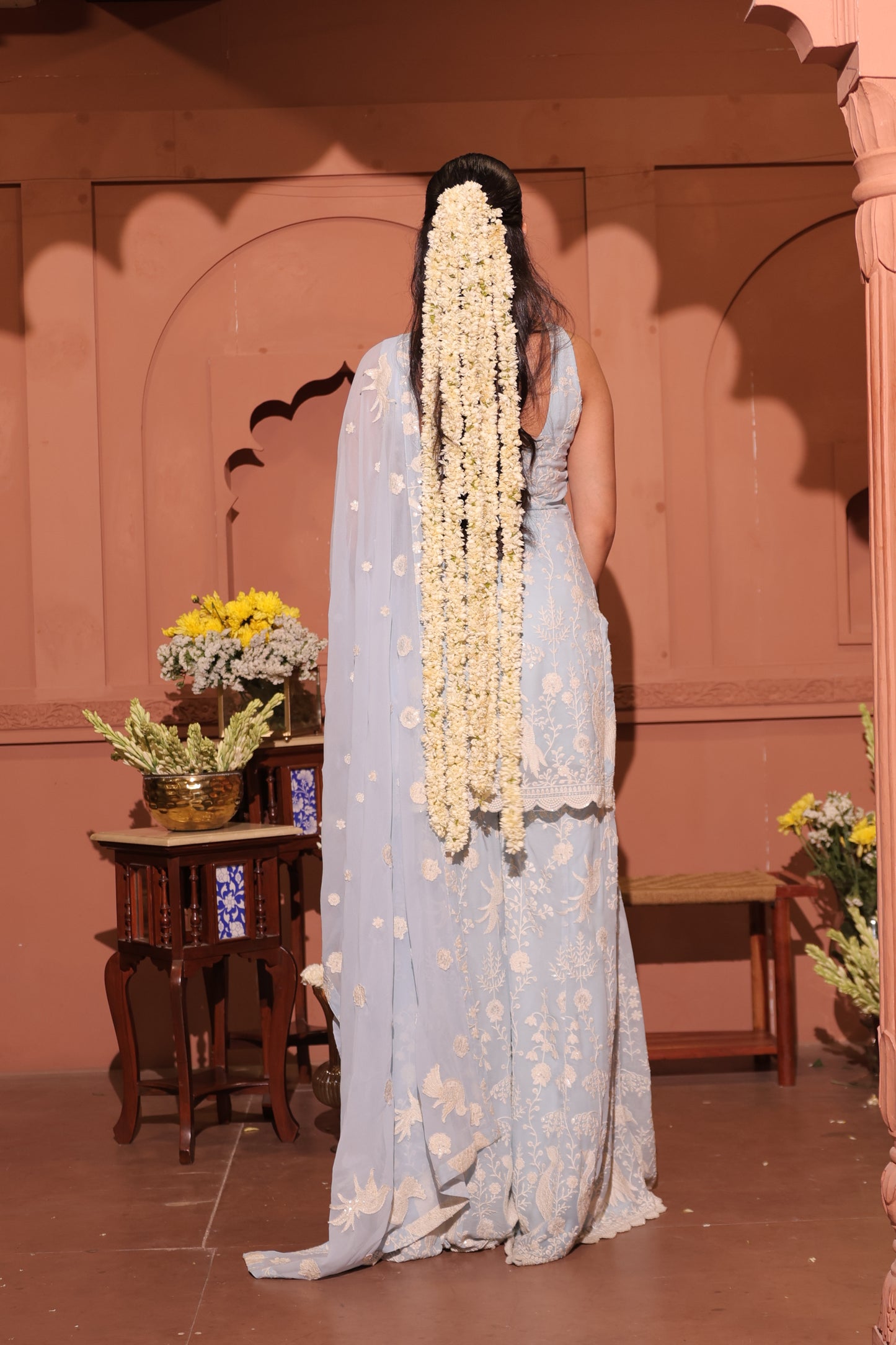 Powder Blue Peacock Embroidered Sharara Set