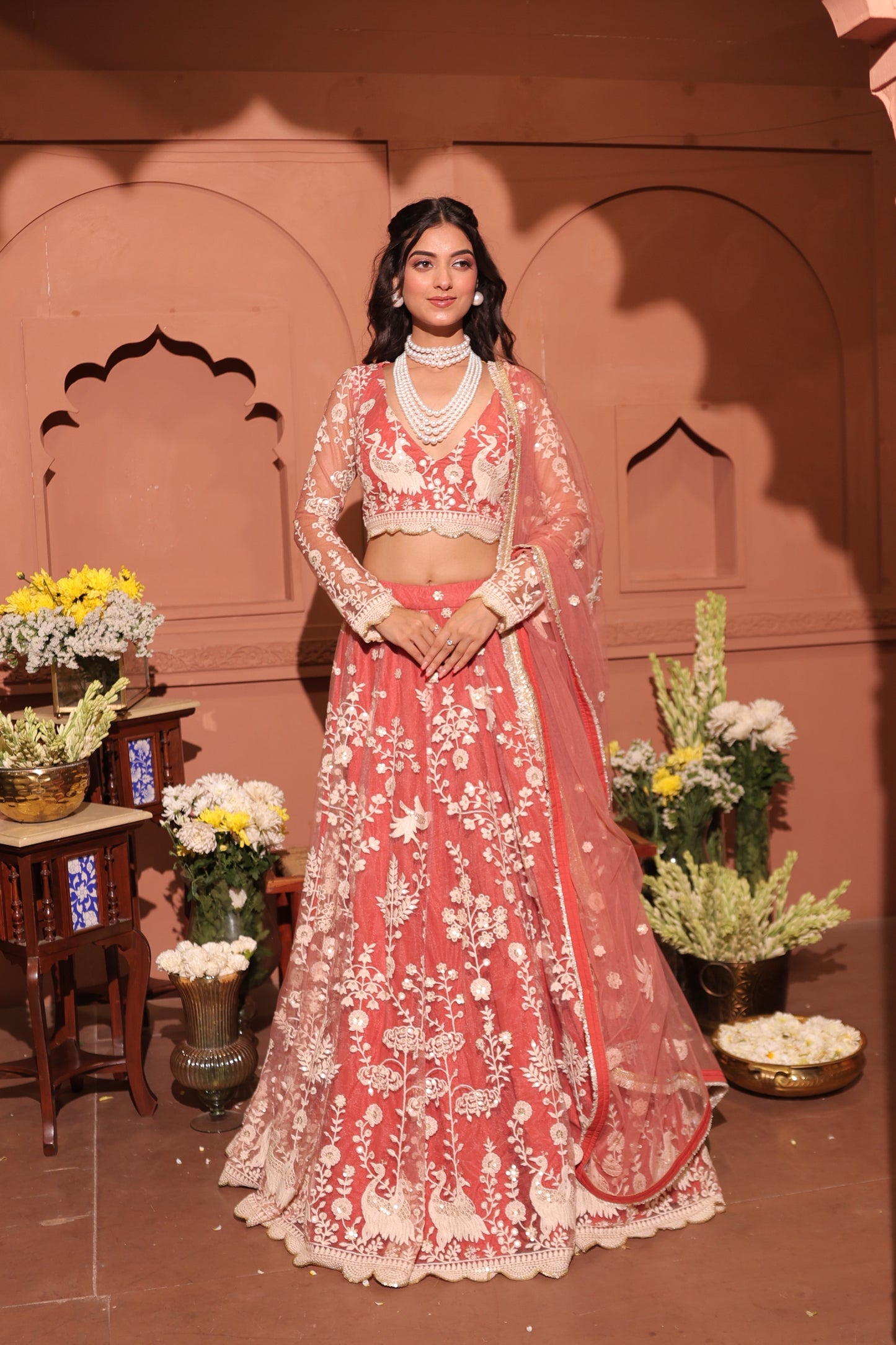 Rose Blush Embroidered Peacock Lehenga Set