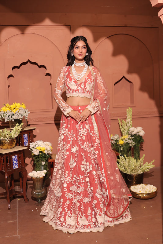 Rose Blush Embroidered Peacock Lehenga Set