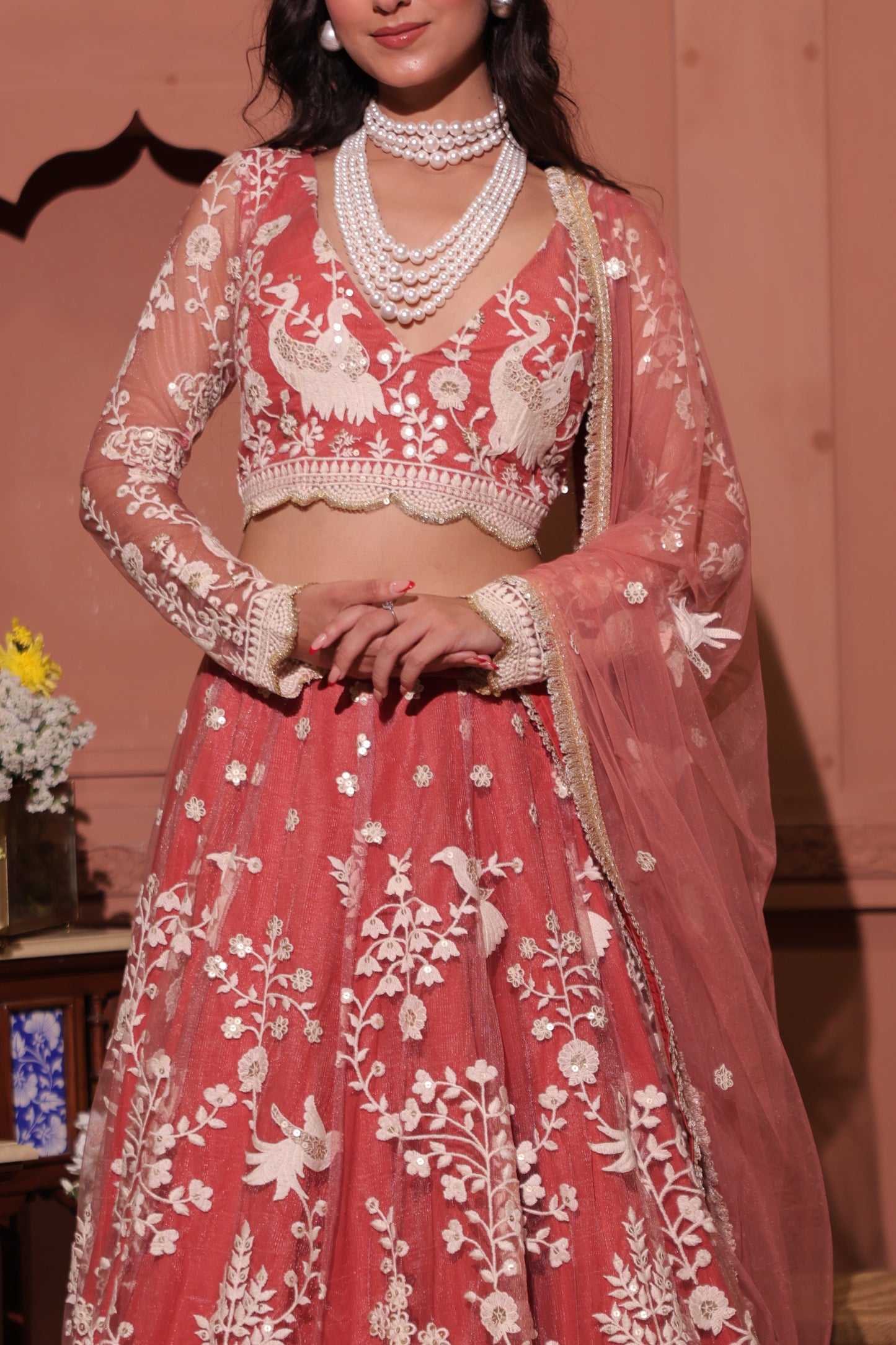 Rose Blush Embroidered Peacock Lehenga Set