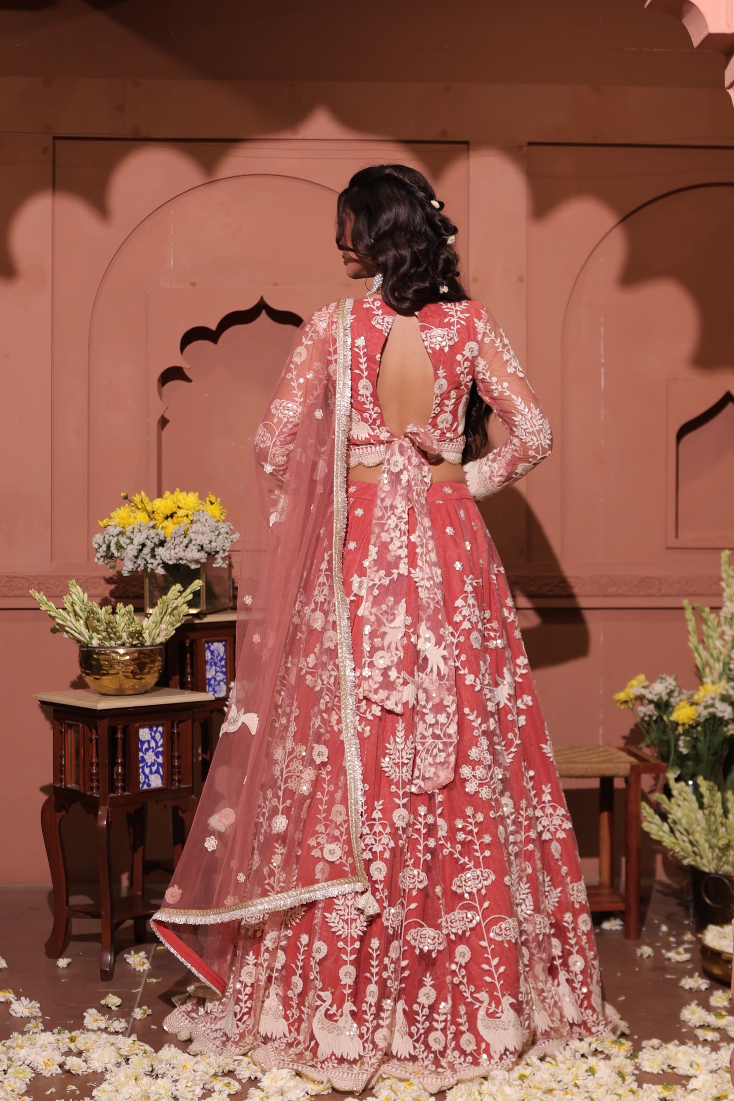 Rose Blush Embroidered Peacock Lehenga Set
