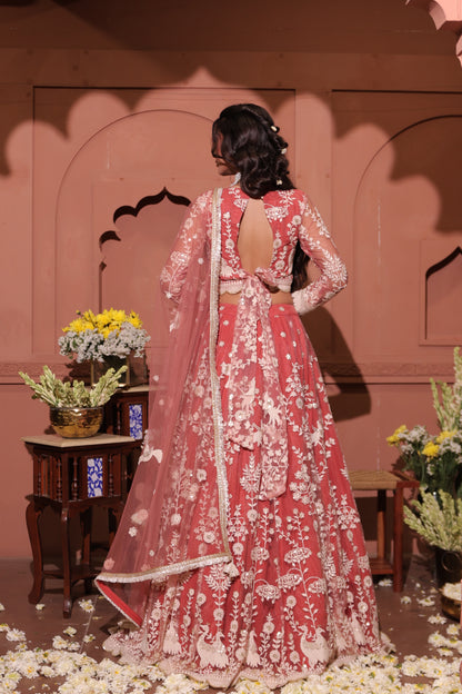 Rose Blush Embroidered Peacock Lehenga Set