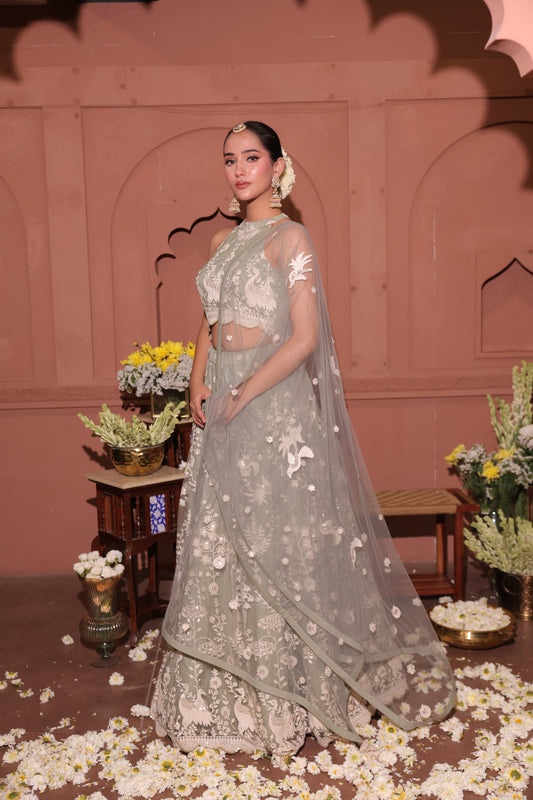 Sage Serenity Embroidered Peacock Lehenga Set