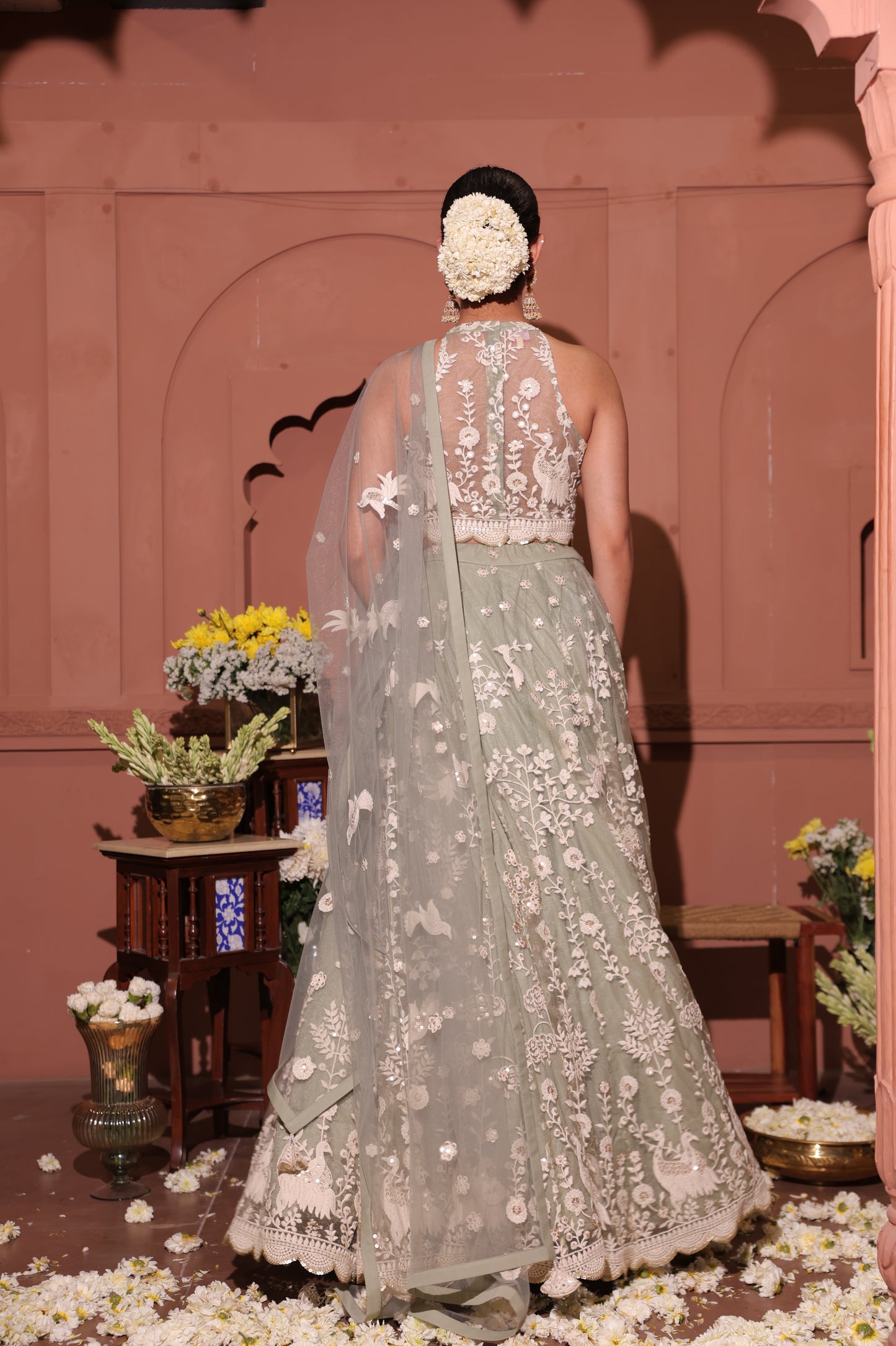 Sage Serenity Embroidered Peacock Lehenga Set