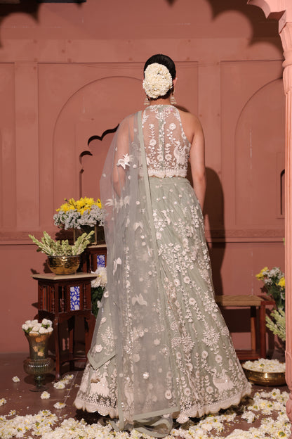 Sage Serenity Embroidered Peacock Lehenga Set