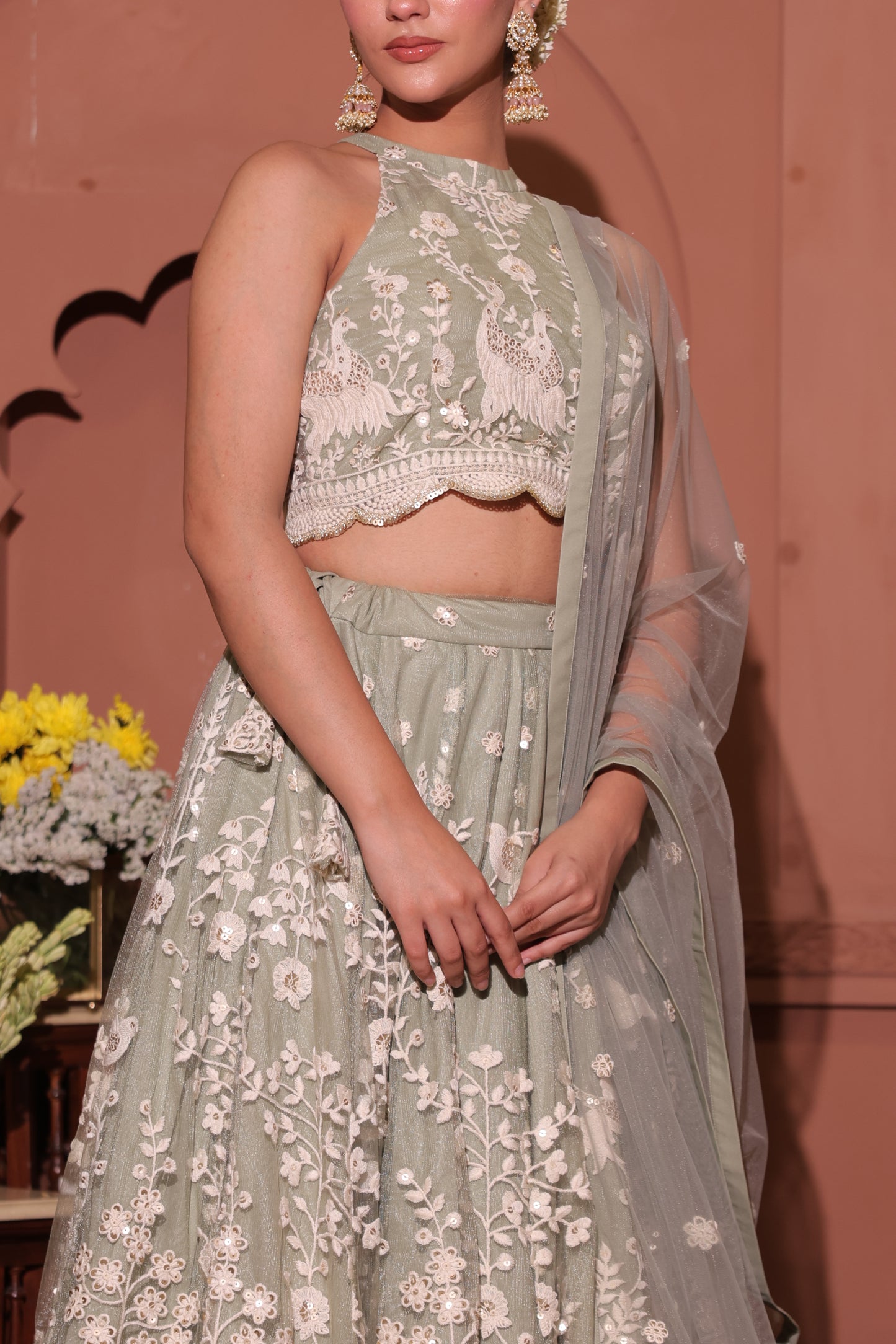 Sage Serenity Embroidered Peacock Lehenga Set