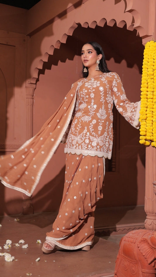 Mocha Blossom Embroidered Georgette Saree Set