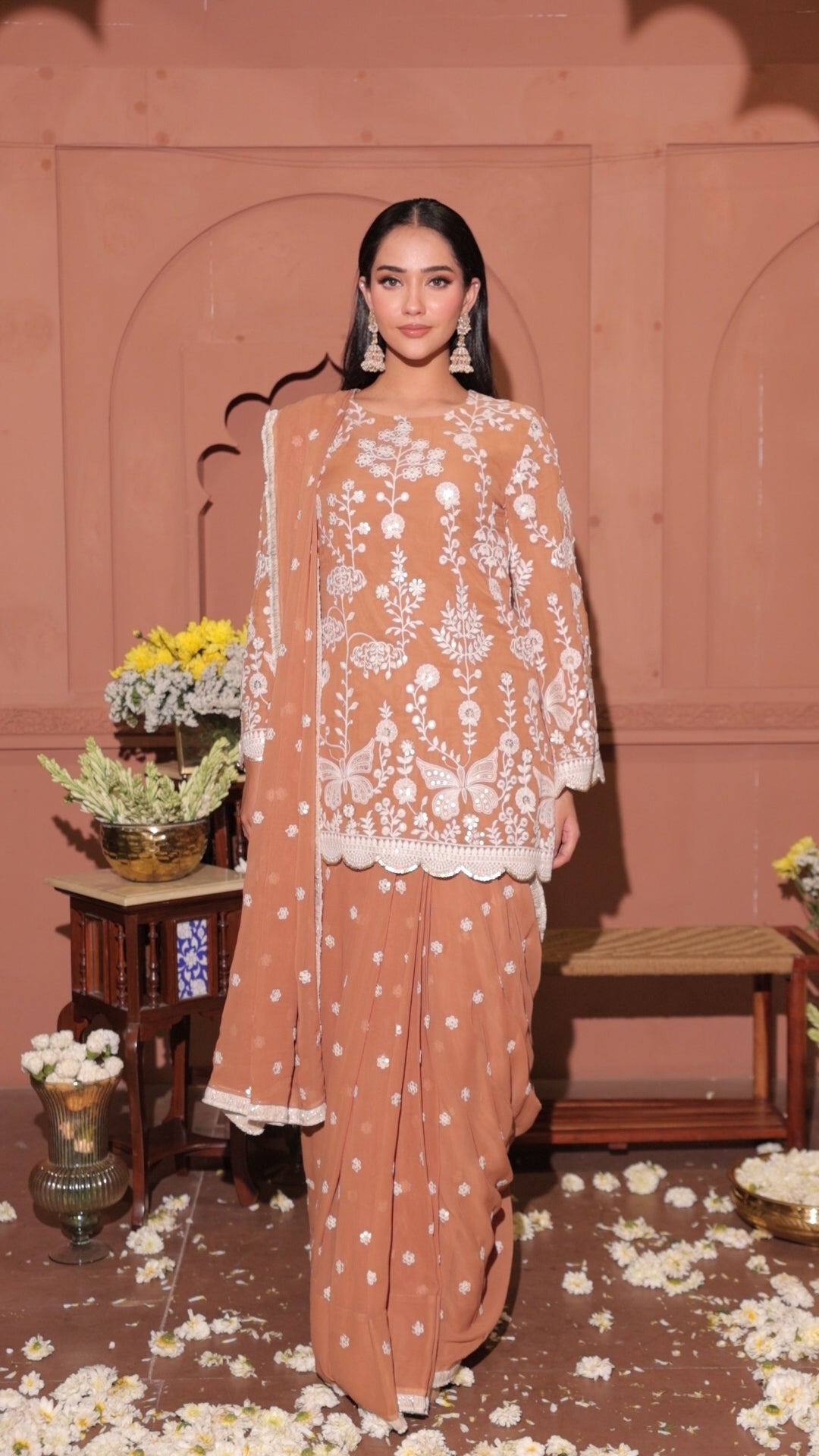 Mocha Blossom Embroidered Georgette Saree Set