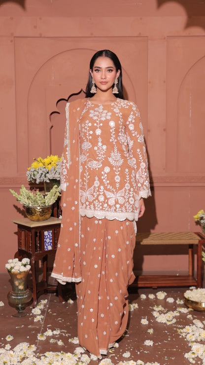 Mocha Blossom Embroidered Georgette Saree Set