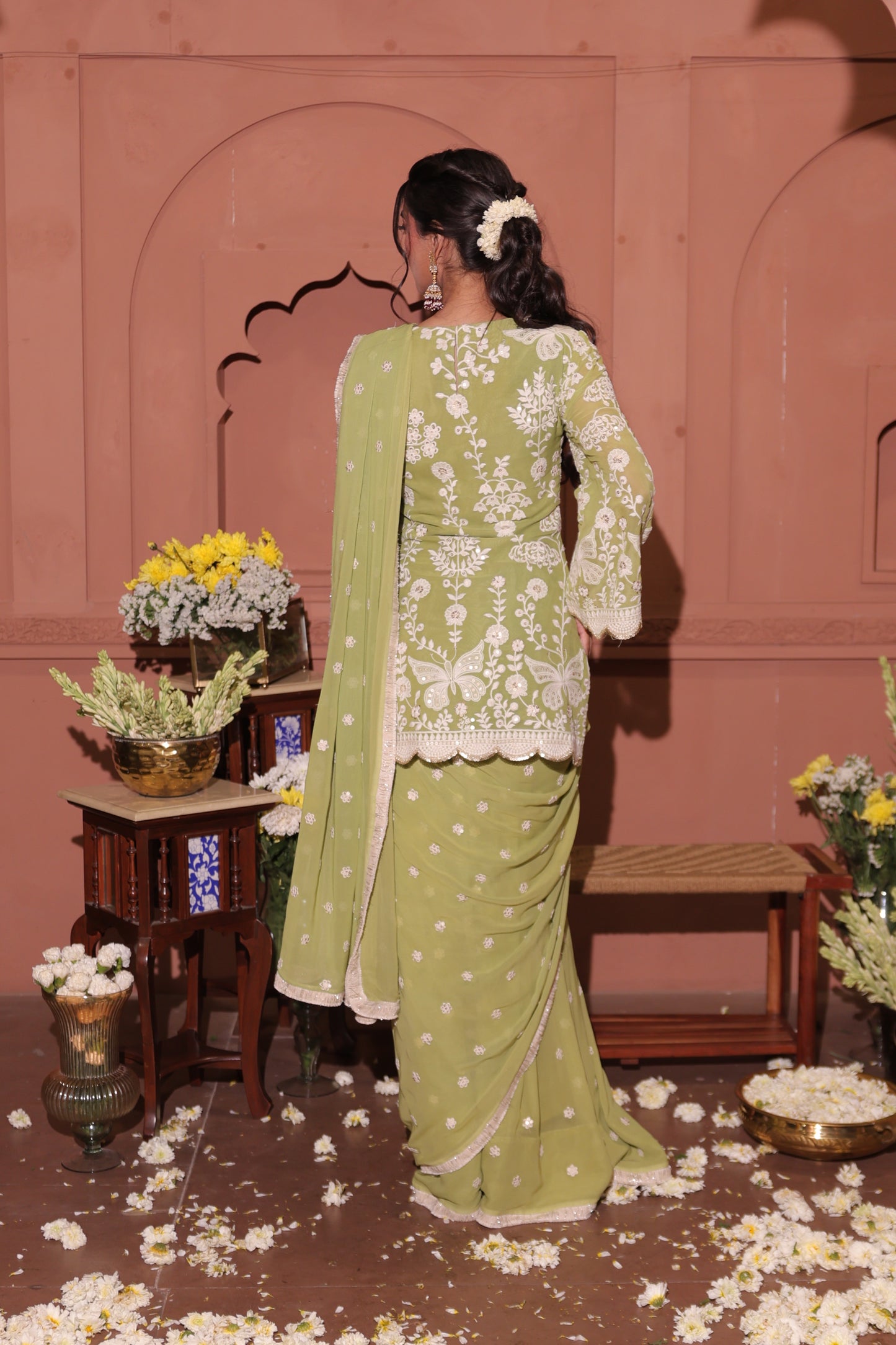 Lime Blossom Embroidered Georgette Saree Set