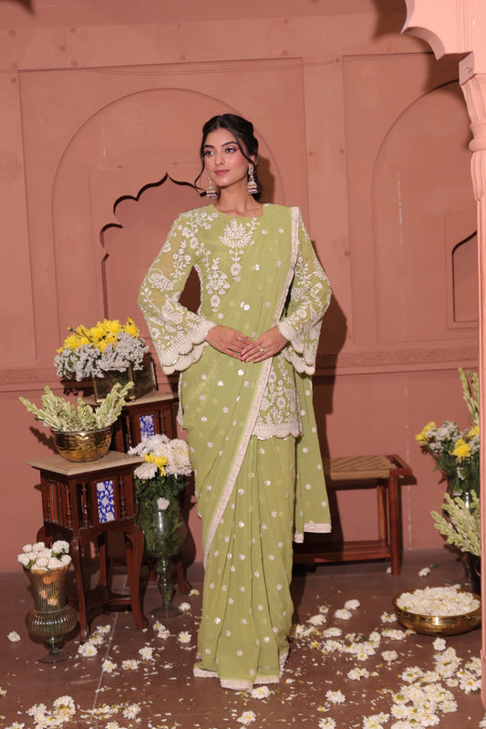 Lime Blossom Embroidered Georgette Saree Set