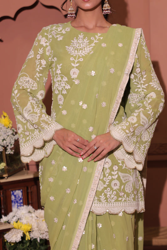Lime Blossom Embroidered Georgette Saree Set