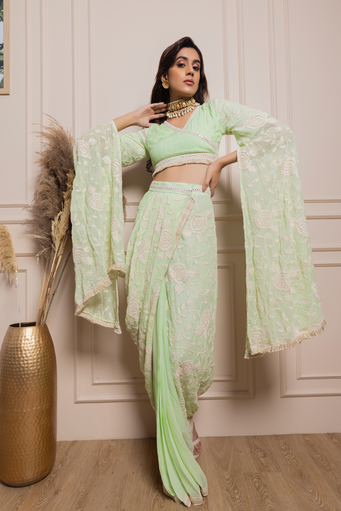 Embroidered Pleated Top with Drape Skirt