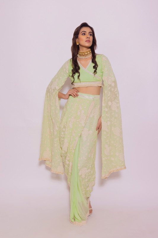 Embroidered Pleated Top with Drape Skirt