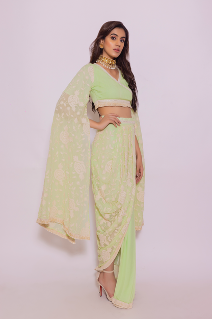 Embroidered Pleated Top with Drape Skirt