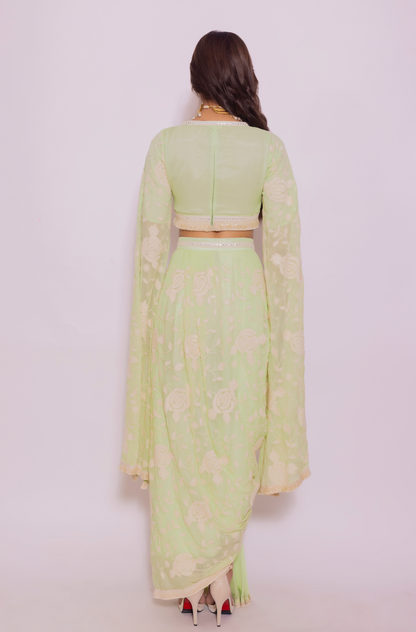 Embroidered Pleated Top with Drape Skirt