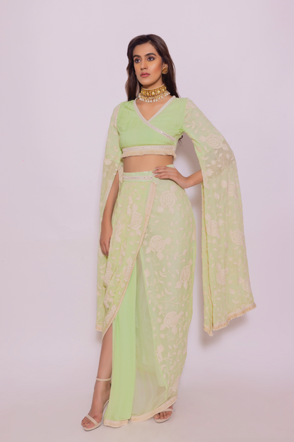 Embroidered Pleated Top with Drape Skirt