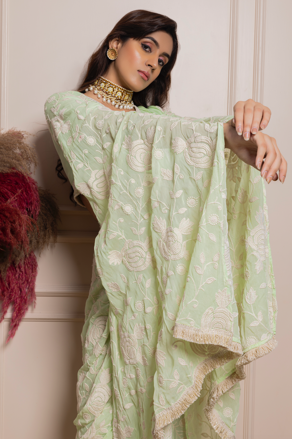 Embroidered Pleated Top with Drape Skirt