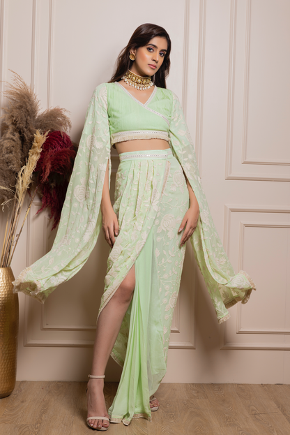 Embroidered Pleated Top with Drape Skirt