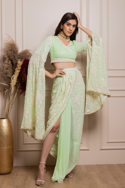 Embroidered Pleated Top with Drape Skirt