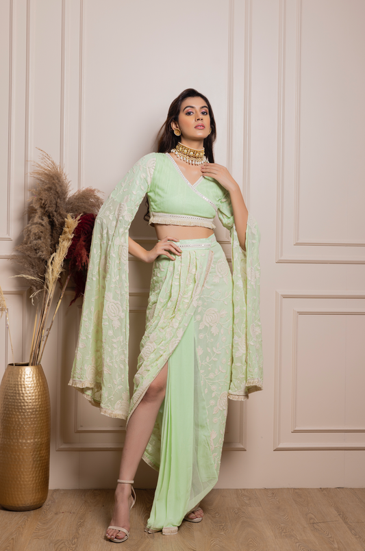 Embroidered Pleated Top with Drape Skirt
