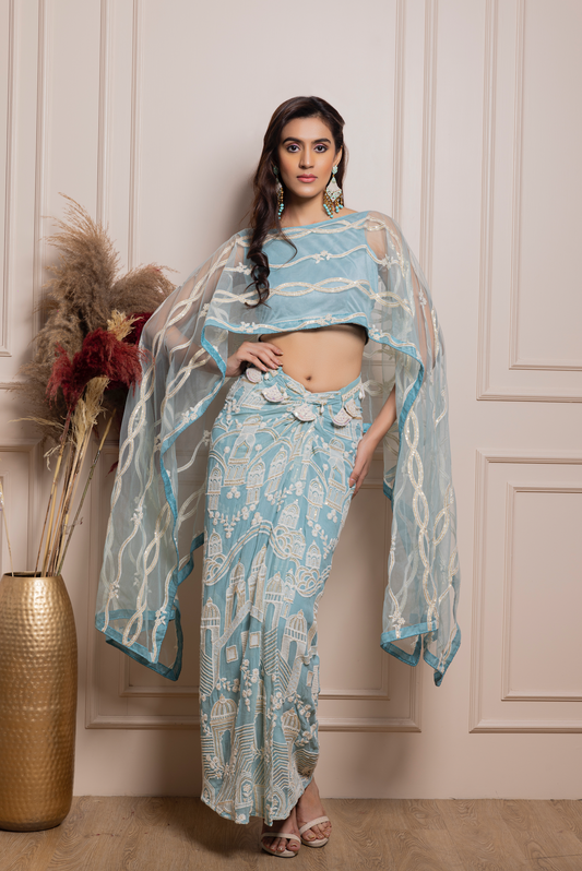 Net Dupatta Cape Top with Embroidered Skirt