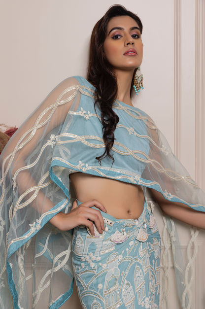 Net Dupatta Cape Top with Embroidered Skirt