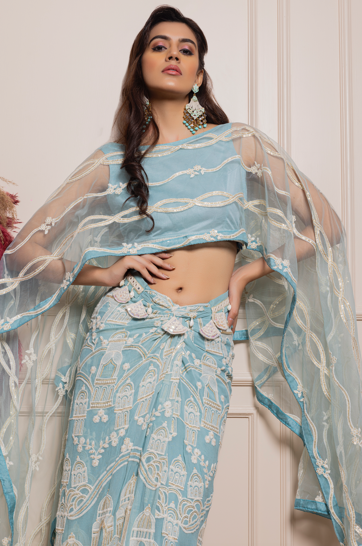 Net Dupatta Cape Top with Embroidered Skirt