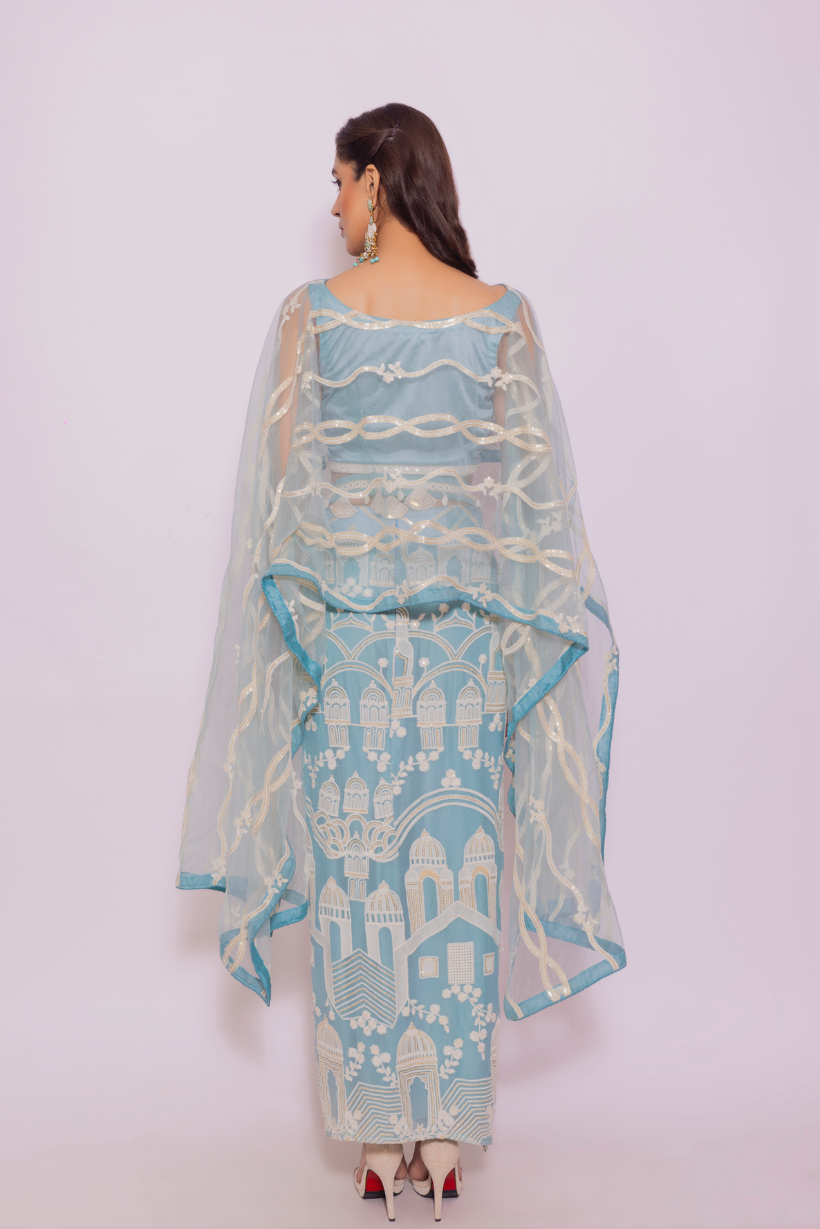 Net Dupatta Cape Top with Embroidered Skirt