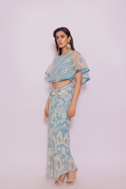 Net Dupatta Cape Top with Embroidered Skirt