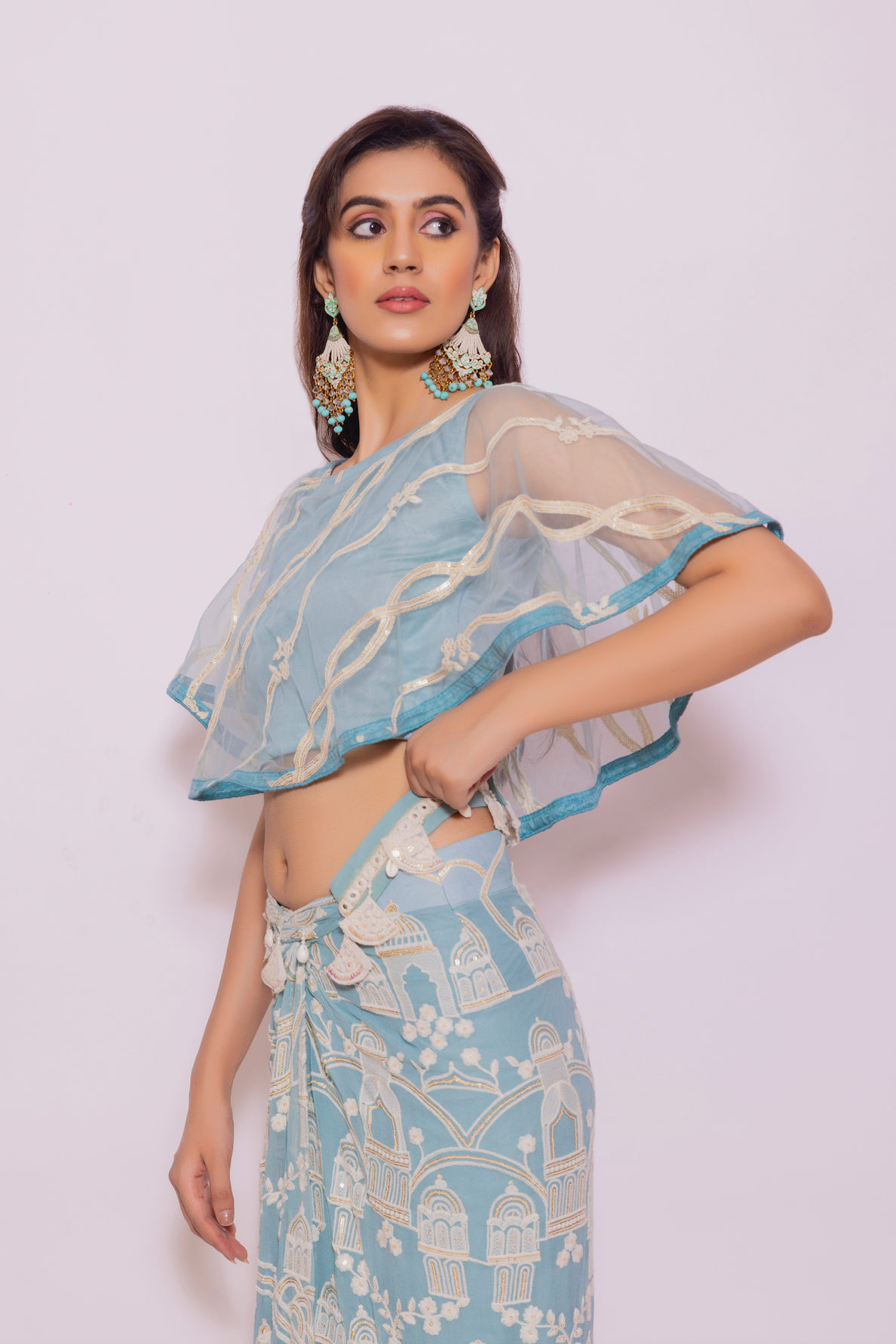 Net Dupatta Cape Top with Embroidered Skirt