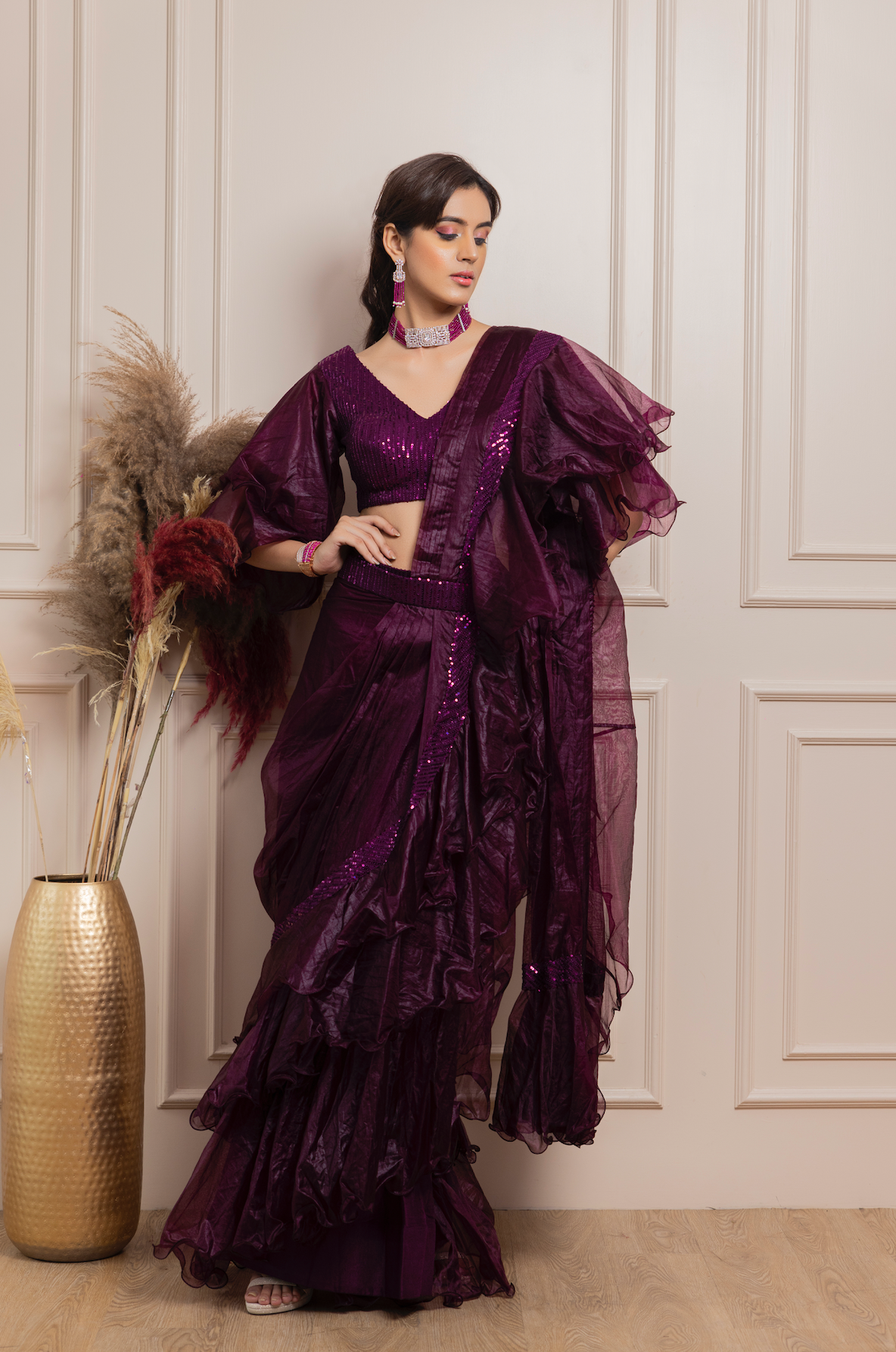 Organza Saree with Flared sleeve sequin blouse