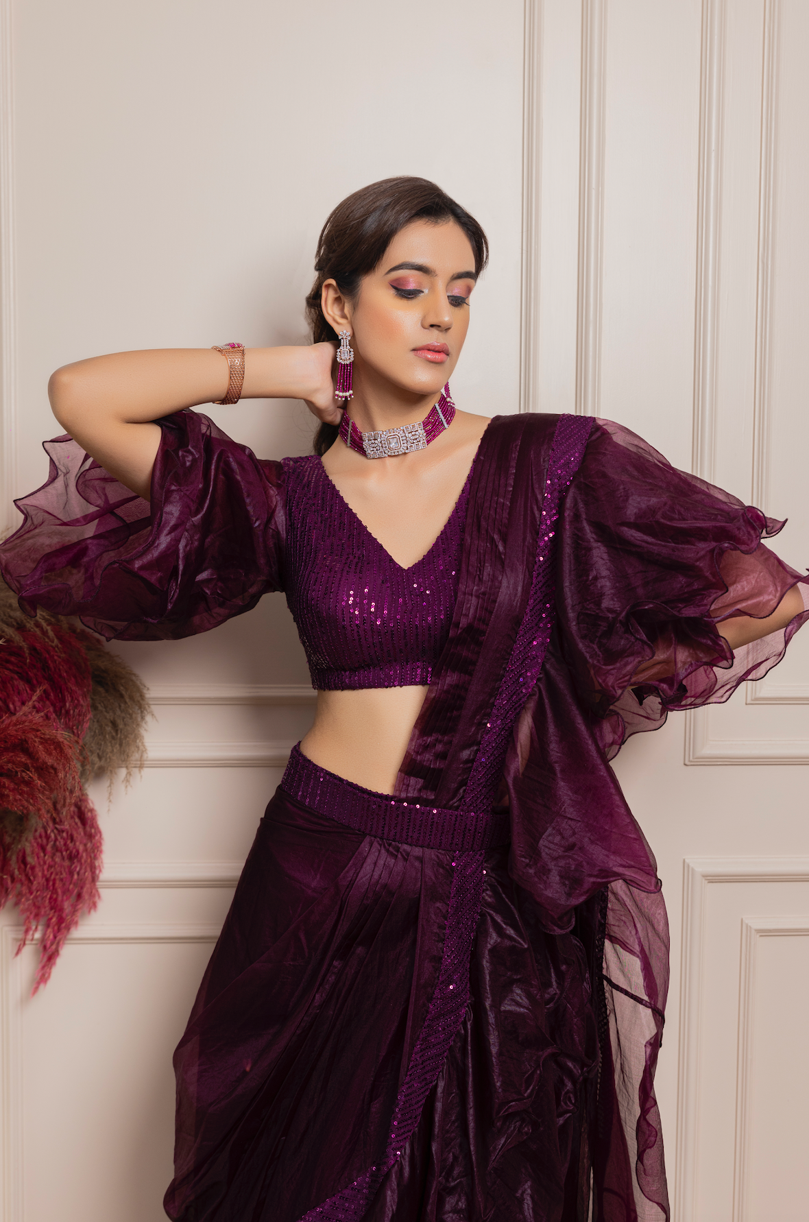 Organza Saree with Flared sleeve sequin blouse