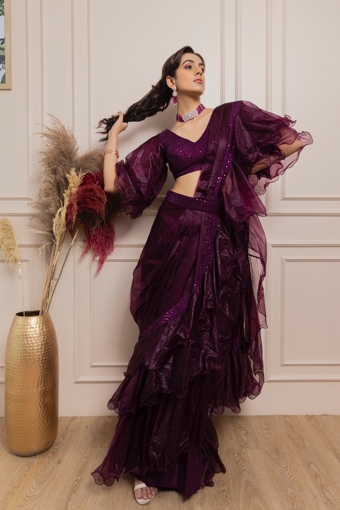 Organza Saree with Flared sleeve sequin blouse