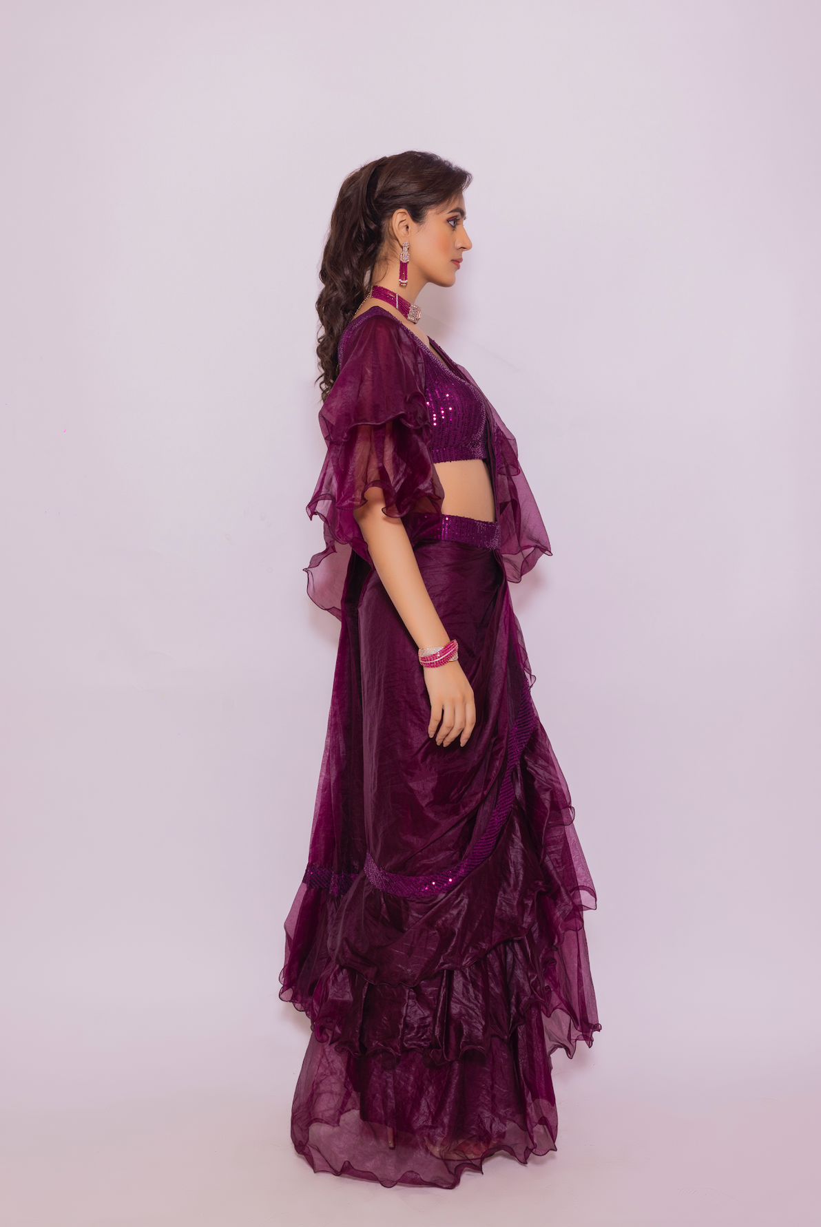Organza Saree with Flared sleeve sequin blouse