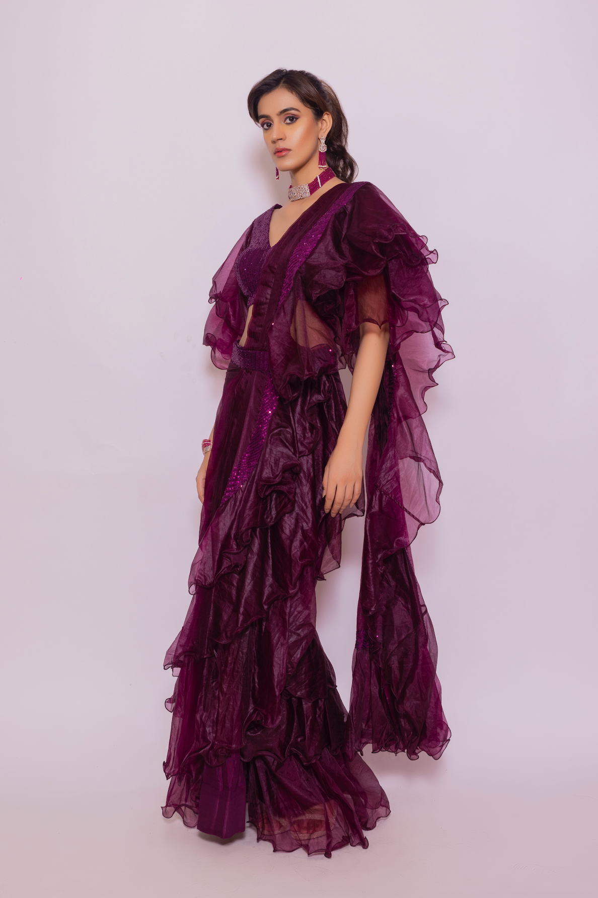 Organza Saree with Flared sleeve sequin blouse